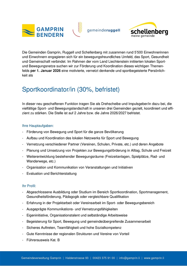 Stellenausschreibung Sportkoordinator/in (30%, befristet)